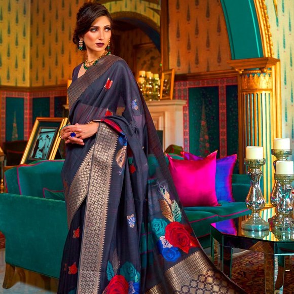 JHEAPS ADMIRAL BLUE SOFT SILK MULTI SLUB WEAVING PRETTY SAREE - Picture 2 of 4